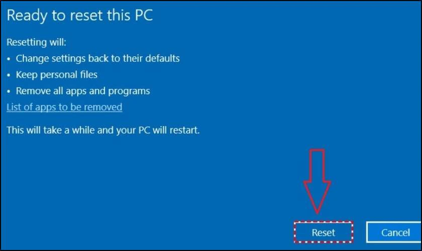 Nhấn vào nút Reset để đặt lại