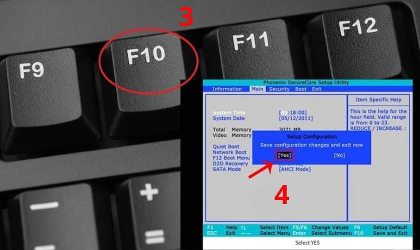 Lưu lại cài đặt bằng phím F10 rồi thoát khỏi BIOS