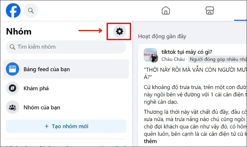 Chọn biểu tượng cài đặt trong mục Nhóm