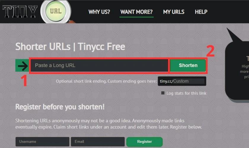 Hướng dẫn r&uacute;t gọn link tr&ecirc;n Tiny.cc