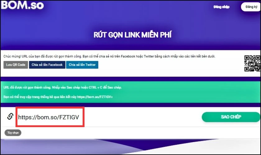 Bom.so sẽ cho ra một link r&uacute;t gọn tương tự như h&igrave;nh