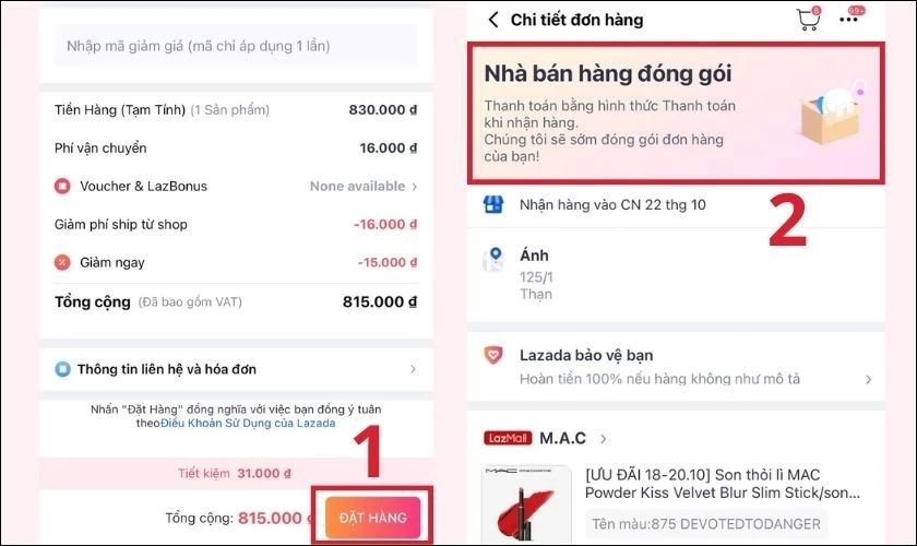  Bấm chọn Đặt h&agrave;ng 