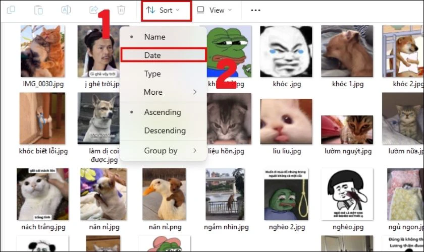 Nhấp v&agrave;o Sort rồi chọn Date