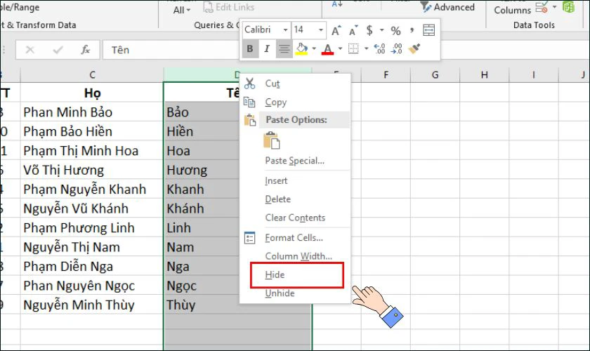 Nhấp chuột phải vào cột và chọn Hide