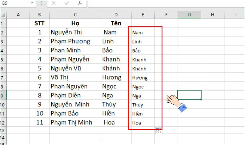 Nhấn Enter và kéo công thức xuống toàn bộ cột