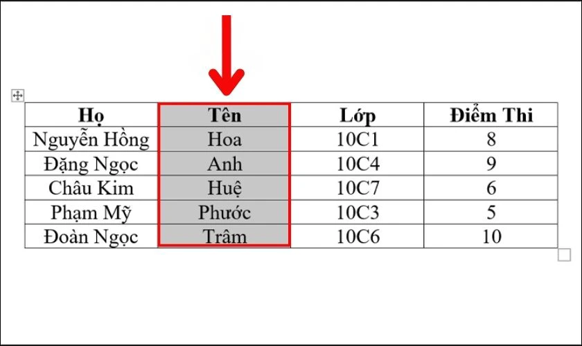 Chọn cột T&ecirc;n để b&ocirc;i đen to&agrave;n bộ dữ liệu trong cột cần sắp xếp