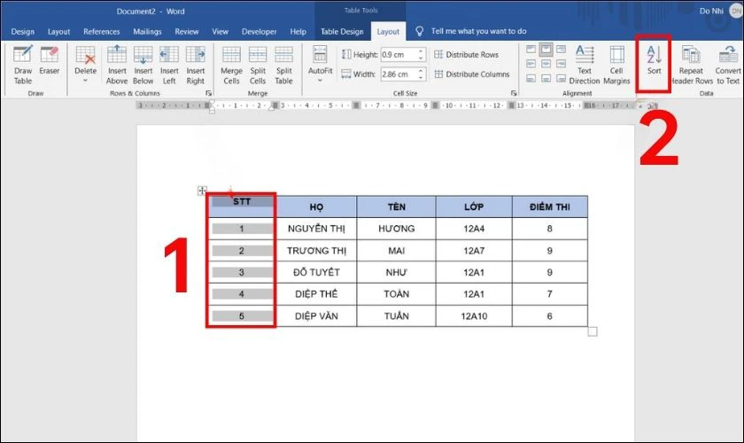 V&agrave;o tab Layout, sau đ&oacute; nhấn chọn Sort