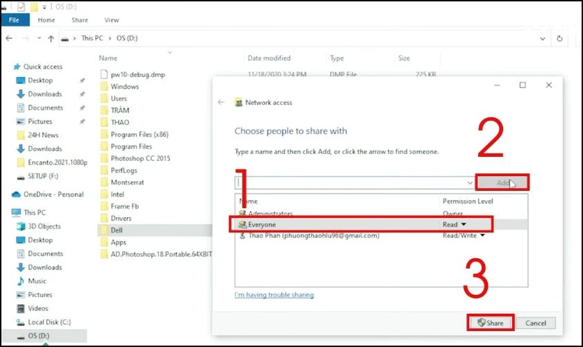 Trong cửa sổ File Sharing, bạn h&atilde;y click chọn mục Everyone rồi bấm Add