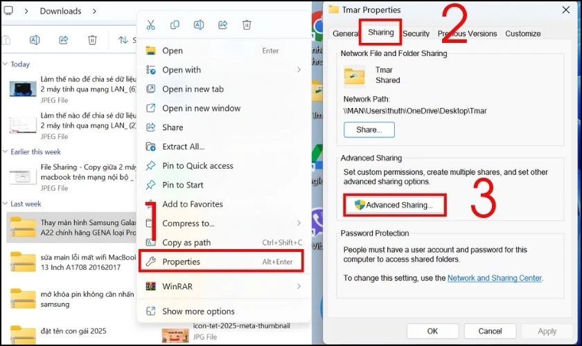 Chọn tab Sharing v&agrave; chọn mục Advanced Sharing&hellip;