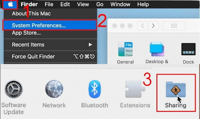 Nhấn v&agrave;o biểu tượng quả t&aacute;o Apple, chọn v&agrave;o System Preferences&hellip;, chọn Sharing