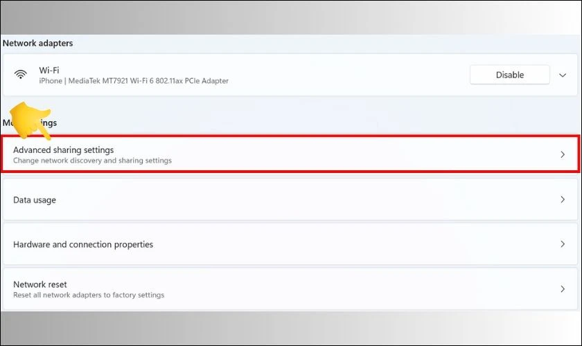 Tiếp tục chọn hạng mục Advanced sharing settings