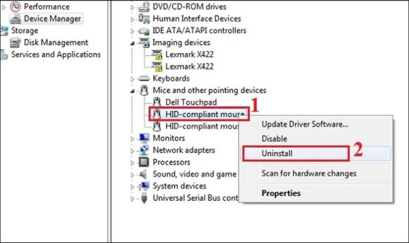 Nhấn chuột phải v&agrave;o chuột rời v&agrave; chọn Uninstall device