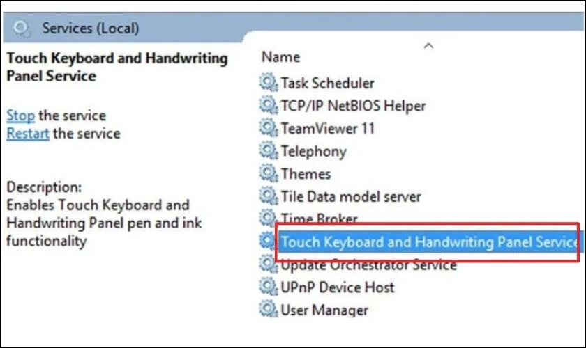 Nhấp đ&uacute;p v&agrave;o dịch vụ Touch Keyboard and Handwriting Panel Service