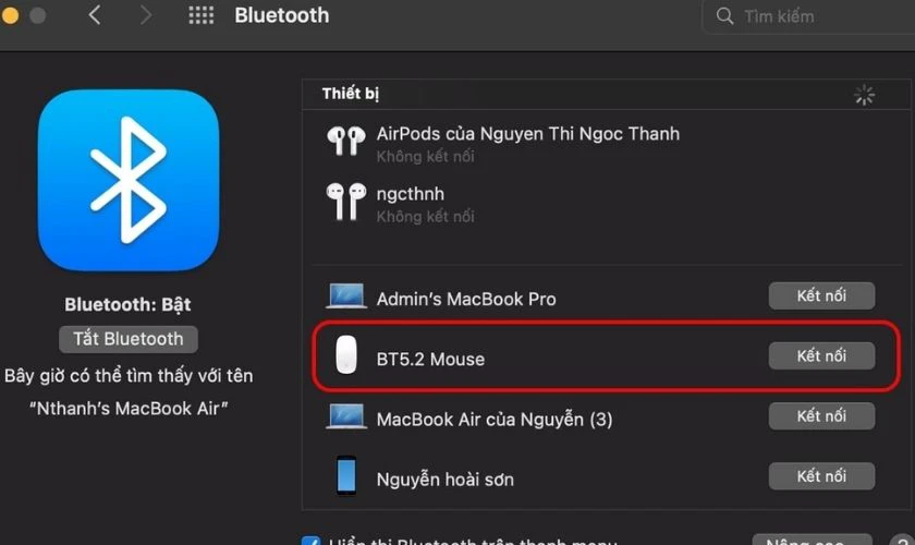 Cuối c&ugrave;ng ở phần Bluetooth, bạn sẽ thấy c&oacute; hiện t&ecirc;n của chuột Apple Magic Mouse 2