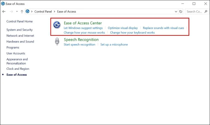 Chọn mục Ease of Access Center để t&ugrave;y chỉnh