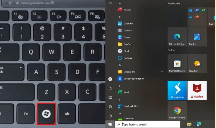 Bạn c&oacute; thể mở Start bằng c&aacute;ch ấn ph&iacute;m Windows