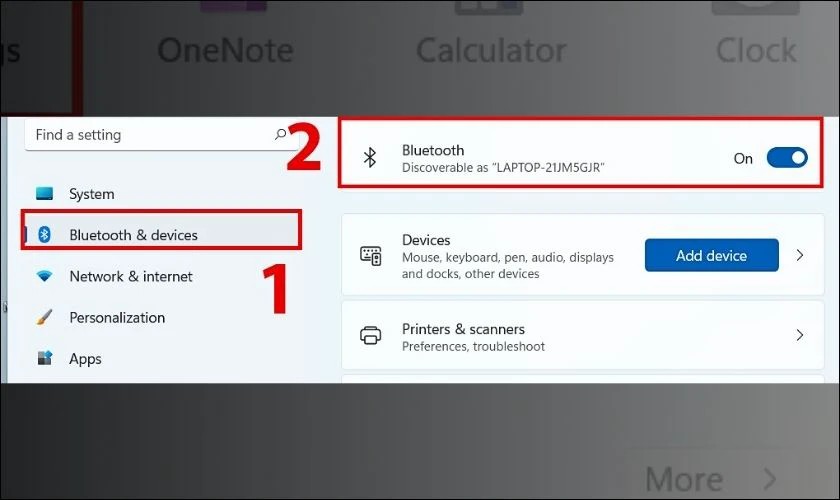 Chọn Bluetooth and others device settings v&agrave; bật Bluetooth
