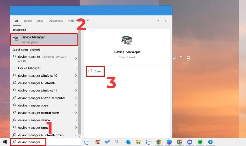 Nhập “device manager”, nhấn Enter hoặc chọn Open để mở