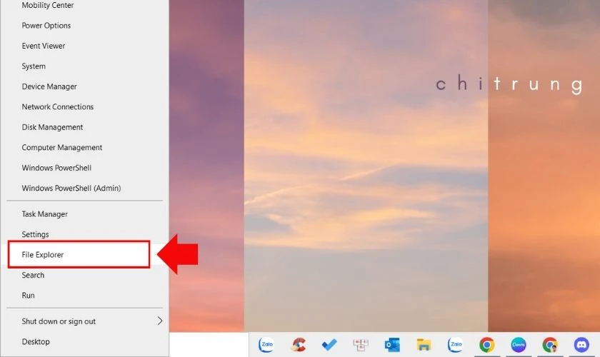 Nhấp chuột phải vào biểu tượng Windows và chọn mục File Explorer