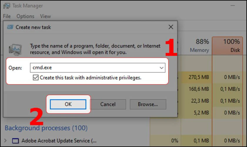  Nhập cmd.exe, t&iacute;ch v&agrave;o &ocirc; chọn b&ecirc;n dưới để mở Command Prompt 