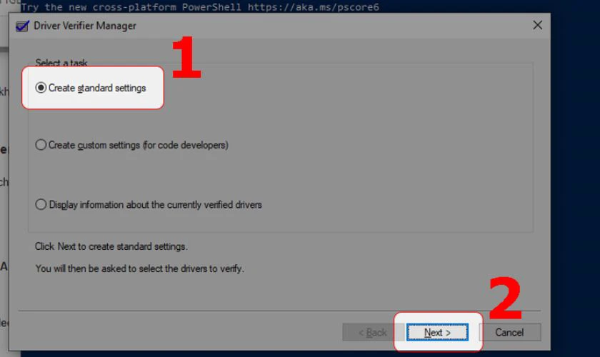 Chọn Create standard settings, nhấn Next để tiếp tục