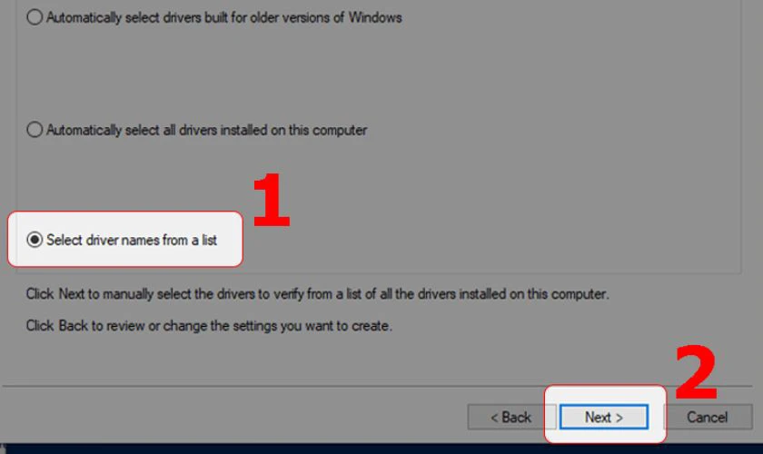 Chọn Select driver names from a list để chọn driver cụ thể, sau đ&oacute; nhấn Next