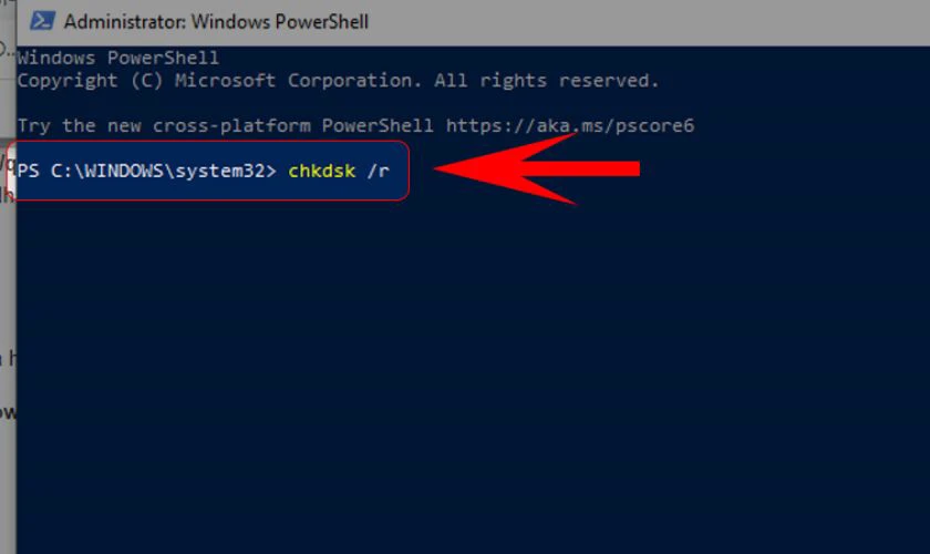 Nhập lệnh chkdsk /r, sau đ&oacute; nhấn Enter