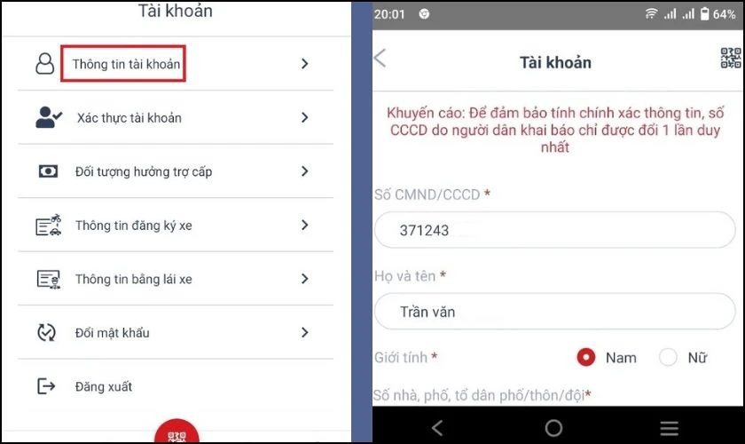 Chọn Thông tin tài khoản, chọn thông tin cần chỉnh sửa