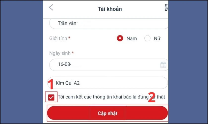 Chọn Tôi cam kết các thông tin khai báo là đúng sự thật