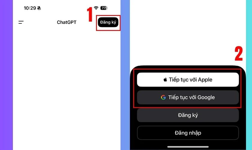 Chọn Đăng k&yacute;, bạn c&oacute; thể tiếp tục bằng Google hoặc Apple