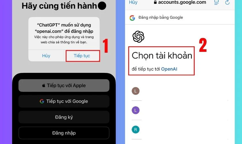 Điện thoại sẽ hiển thị th&ocirc;ng b&aacute;o y&ecirc;u cầu cấp quyền đăng nhập, nhấn Tiếp tục