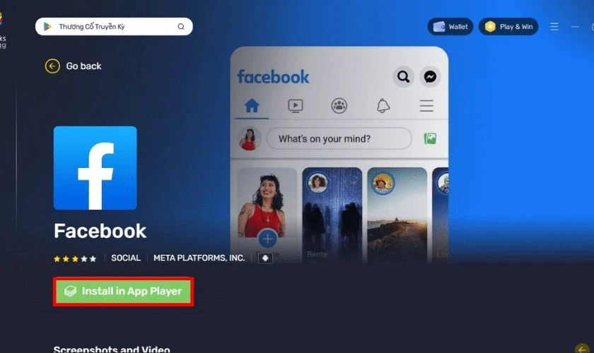 Chọn Install in App Player để tải Facebook về m&aacute;y t&iacute;nh