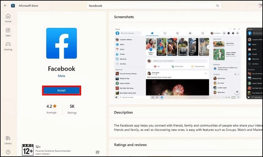 Nhấn Install để c&agrave;i đặt Facebook về tr&ecirc;n m&aacute;y t&iacute;nh