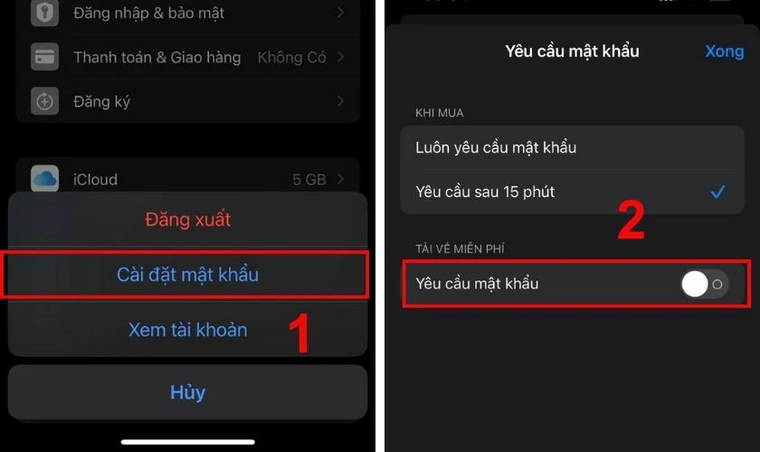 Gạt thanh hủy Y&ecirc;u cầu mật khẩu v&agrave; nhấn Xong