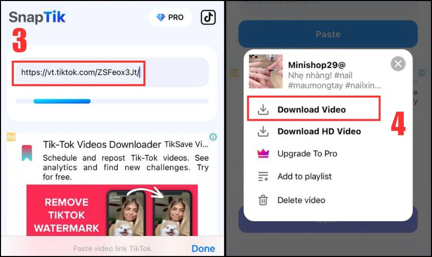 Dán link video TikTok trên SnapTik và download xuống