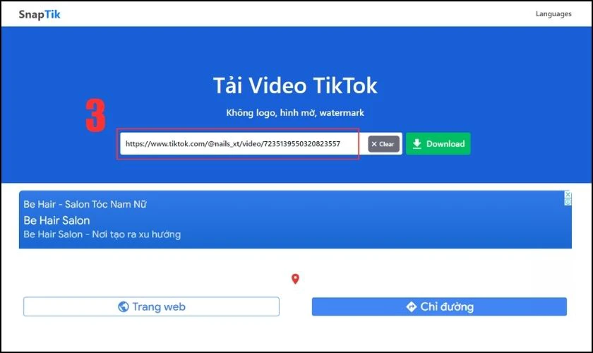 Mở web SnapTik và dán link theo mục yêu cầu
