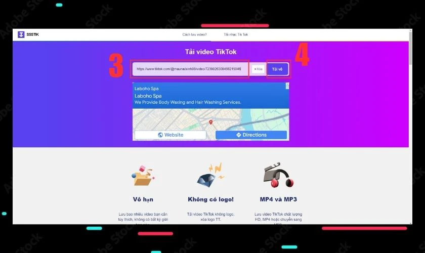 Mở web SSSTik dán link và nhấn tải về
