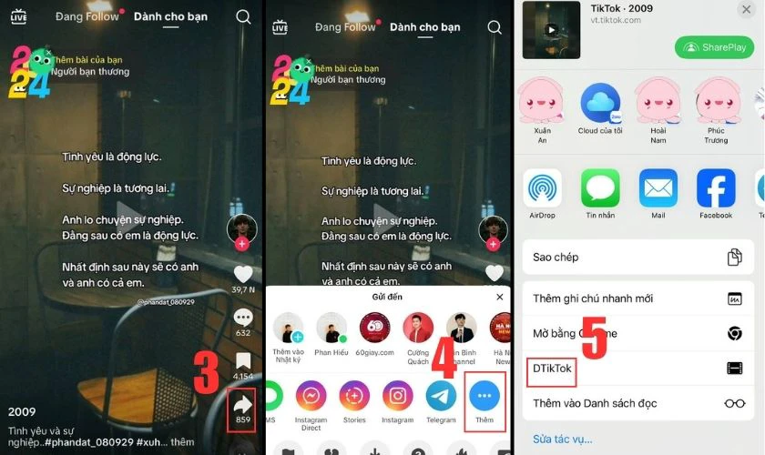 Thao tác sao chép link video và chuyển qua phím tắt DTikTok để tải clip