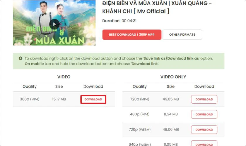 Chọn định dạng MP4 v&agrave; chất lượng video từ c&aacute;c t&ugrave;y chọn hiển thị, nhấn Download