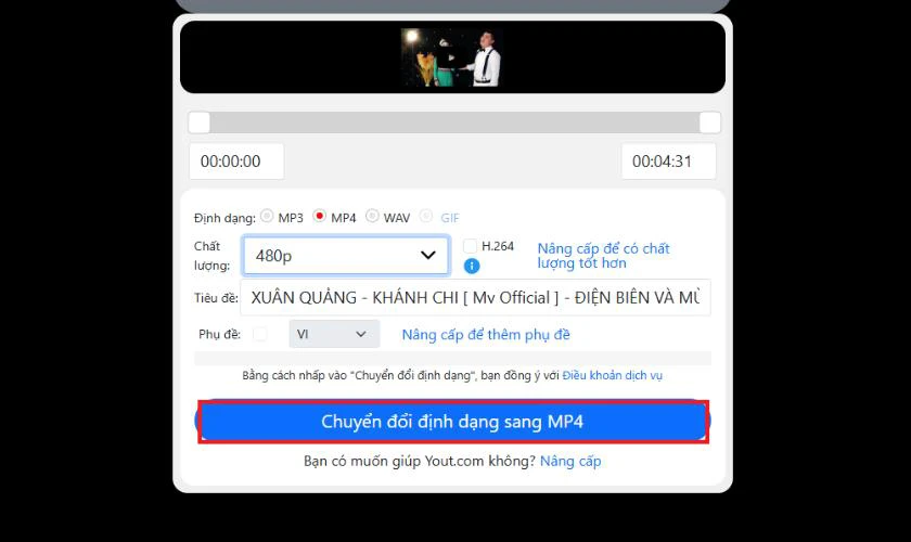 Chọn định dạng v&agrave; chất lượng video mong muốn rồi nhấn Chuyển đổi định dạng sang MP4