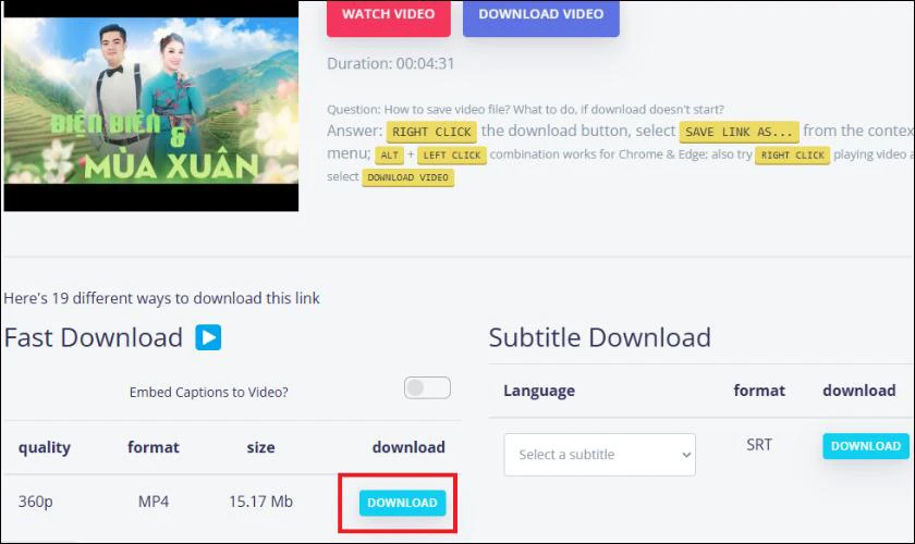 Lựa chọn định dạng (v&iacute; dụ MP4) v&agrave; chất lượng video bạn muốn tải, sau đ&oacute; nhấn v&agrave;o n&uacute;t Download