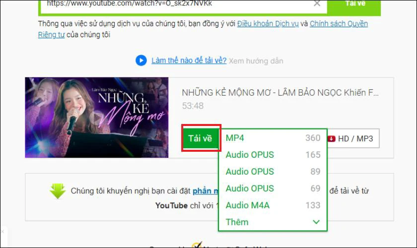Nhấp v&agrave;o n&uacute;t Tải về b&ecirc;n cạnh định dạng bạn đ&atilde; chọn để bắt đầu tải