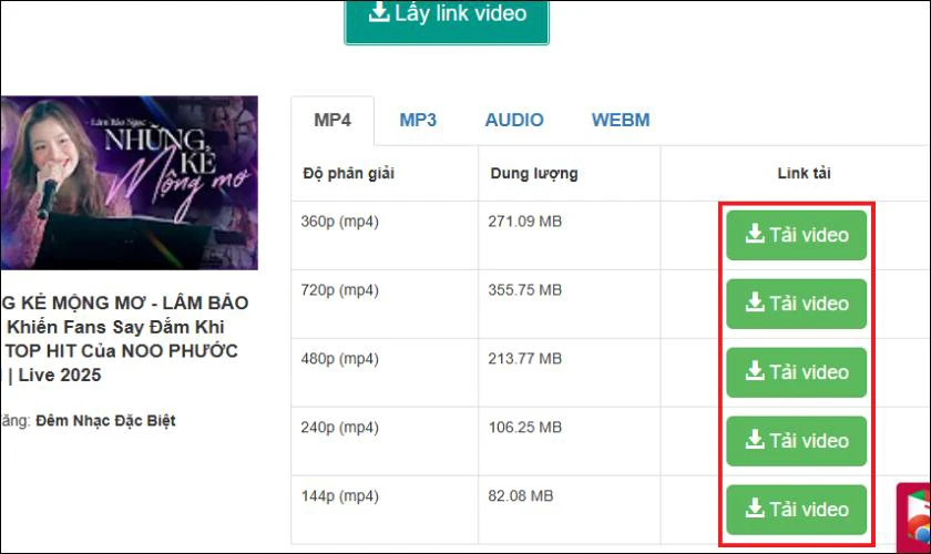 Chọn định dạng m&agrave; bạn muốn tải, sau đ&oacute; nhấn n&uacute;t Tải video