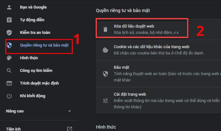 X&oacute;a bộ nhớ cache v&agrave; cookies tr&igrave;nh duyệt
