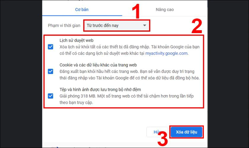 Nhấn X&oacute;a dữ liệu, sau đ&oacute; khởi động lại tr&igrave;nh duyệt
