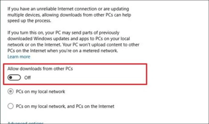 Gạt n&uacute;t Allow downloads from other PCs sang Off