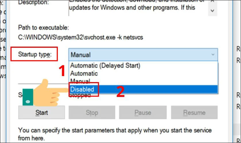 Trong mục &ldquo;Startup type&rdquo;, chọn Disabled, nhấn OK