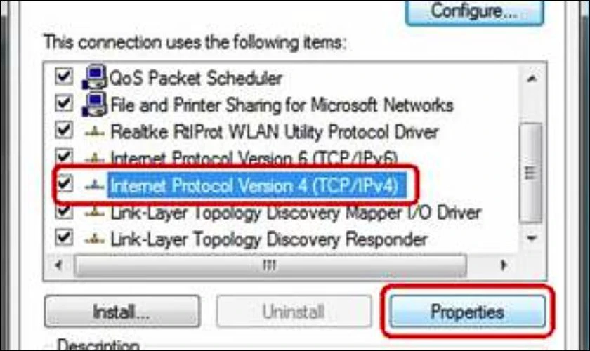 Chọn Internet Protocol Version 4 (TCP/IPv4), chọn v&agrave;o Properties