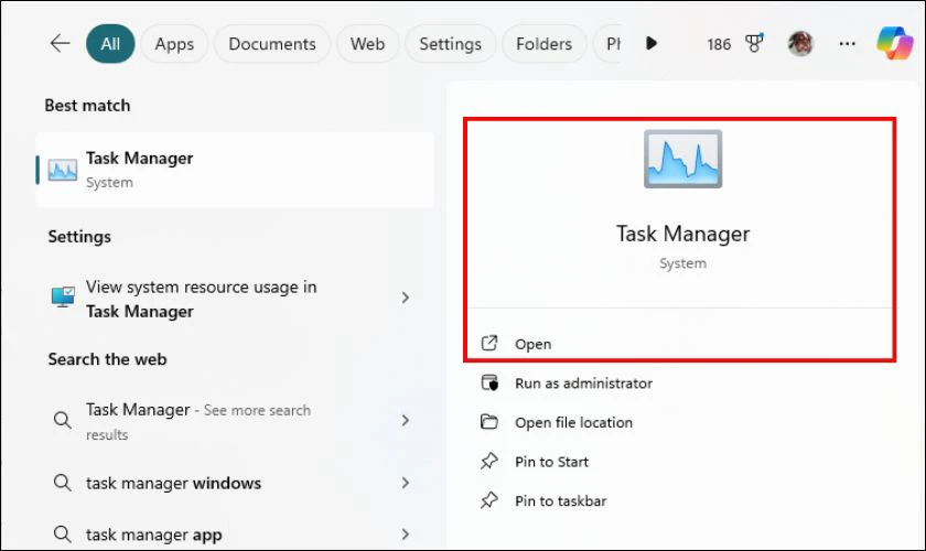 Nhấn tìm mở Task Manager trên thanh Search