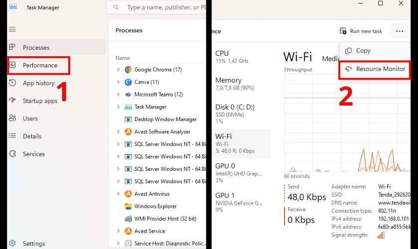 Nhấn vào dấu 3 chấm bên góc phải và nhấn Resource Monitor